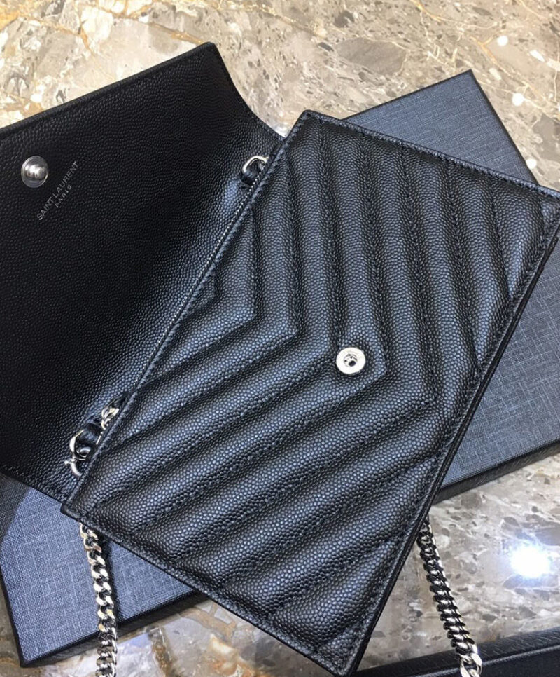 Saint Laurent Envelope Chain Wallet In Grain De Poudre Embossed Leather Black